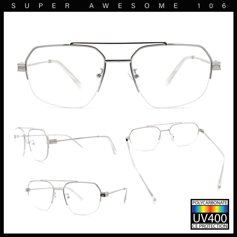 Mens Mobster Luxury Metal Half Rim Rectangular Clear Lens Fashion Eyeglasses