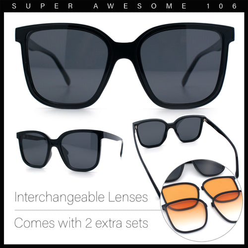 Interchangeable Lens Oversized Horn Rim Plastic Fashion Sunglasses