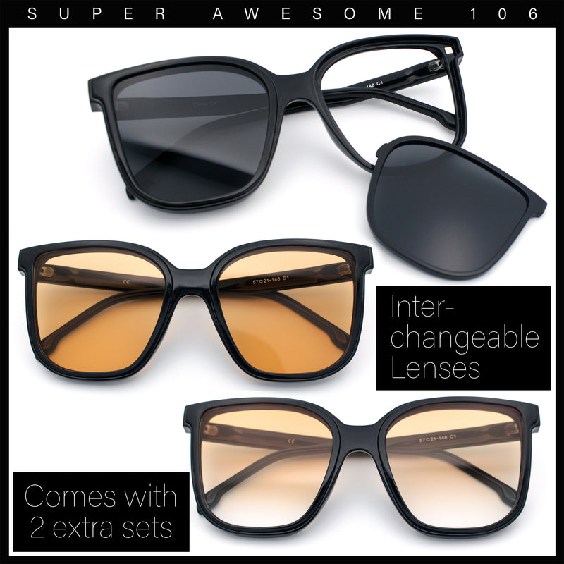 Interchangeable Lens Oversized Horn Rim Plastic Fashion Sunglasses