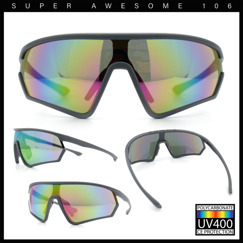 Mens Classic Oversized Shield Color Mirror Wrap Around Sport Plastic Sunglasses