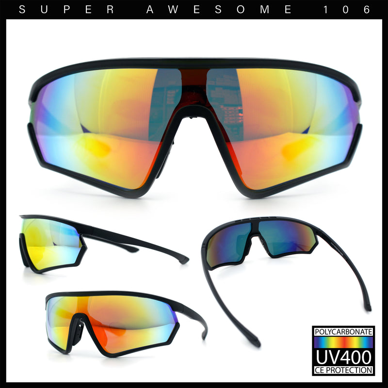 Mens Classic Oversized Shield Color Mirror Wrap Around Sport Plastic Sunglasses