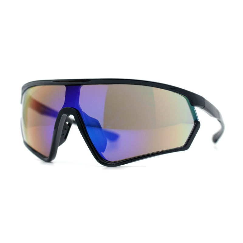 Mens Classic Oversized Shield Color Mirror Wrap Around Sport Plastic Sunglasses