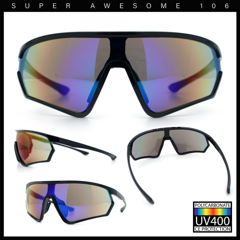 Mens Classic Oversized Shield Color Mirror Wrap Around Sport Plastic Sunglasses