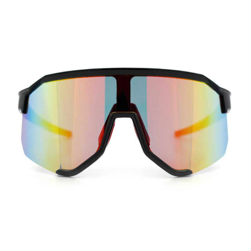 Oversized Geometric Bevel Cut Mono Shield Wrap Half Rim Sport Sunglasses
