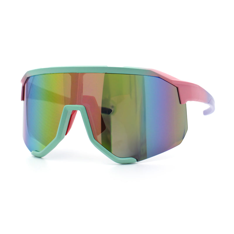 Oversized Geometric Bevel Cut Mono Shield Wrap Half Rim Sport Sunglasses