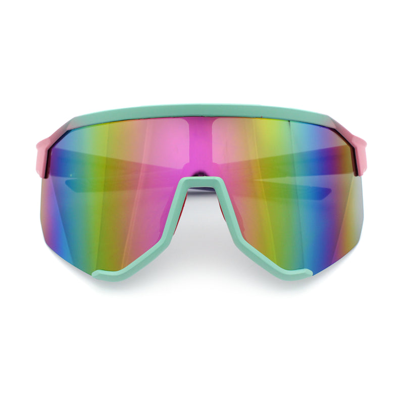 Oversized Geometric Bevel Cut Mono Shield Wrap Half Rim Sport Sunglasses