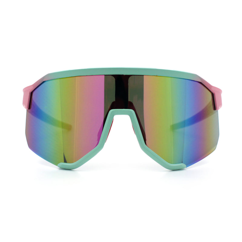 Oversized Geometric Bevel Cut Mono Shield Wrap Half Rim Sport Sunglasses