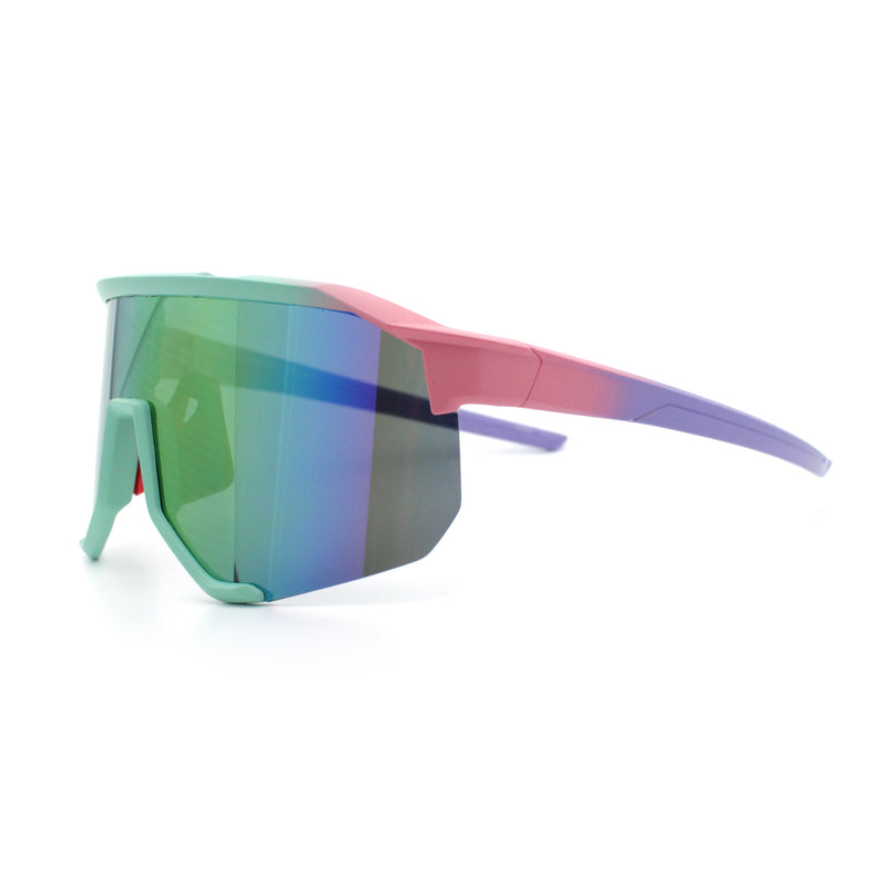 Oversized Geometric Bevel Cut Mono Shield Wrap Half Rim Sport Sunglasses