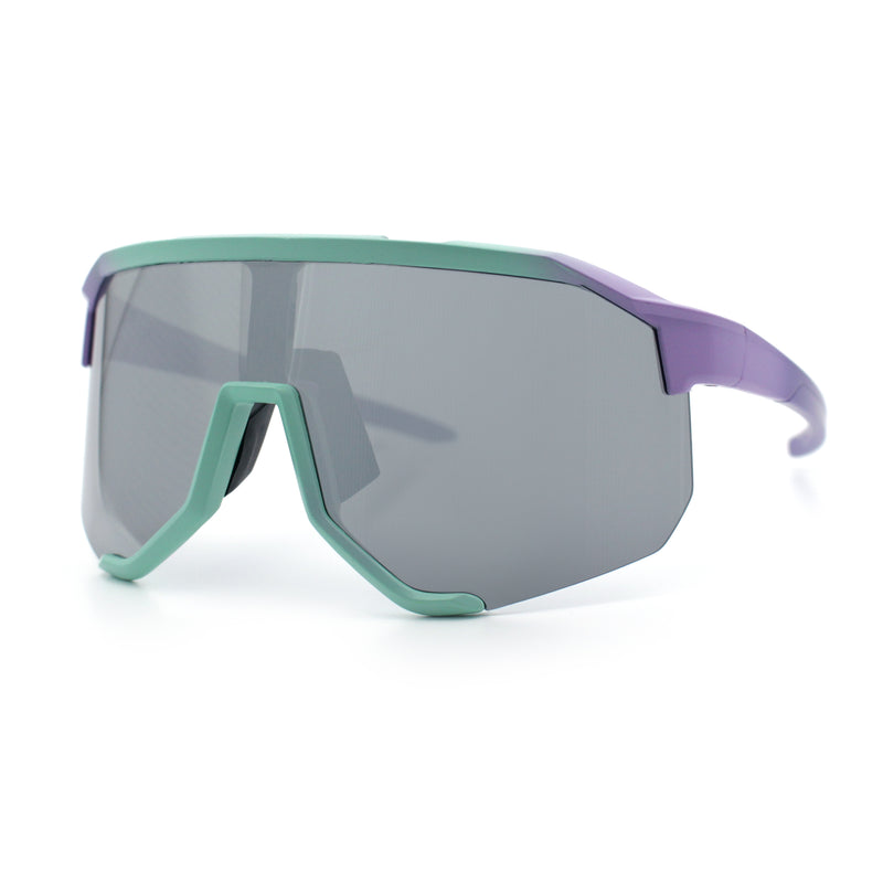Oversized Geometric Bevel Cut Mono Shield Wrap Half Rim Sport Sunglasses