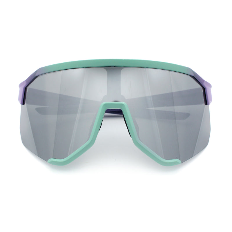 Oversized Geometric Bevel Cut Mono Shield Wrap Half Rim Sport Sunglasses
