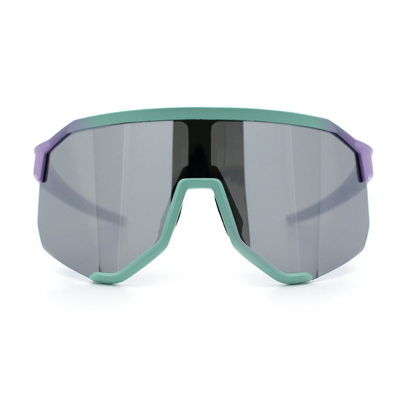 Oversized Geometric Bevel Cut Mono Shield Wrap Half Rim Sport Sunglasses