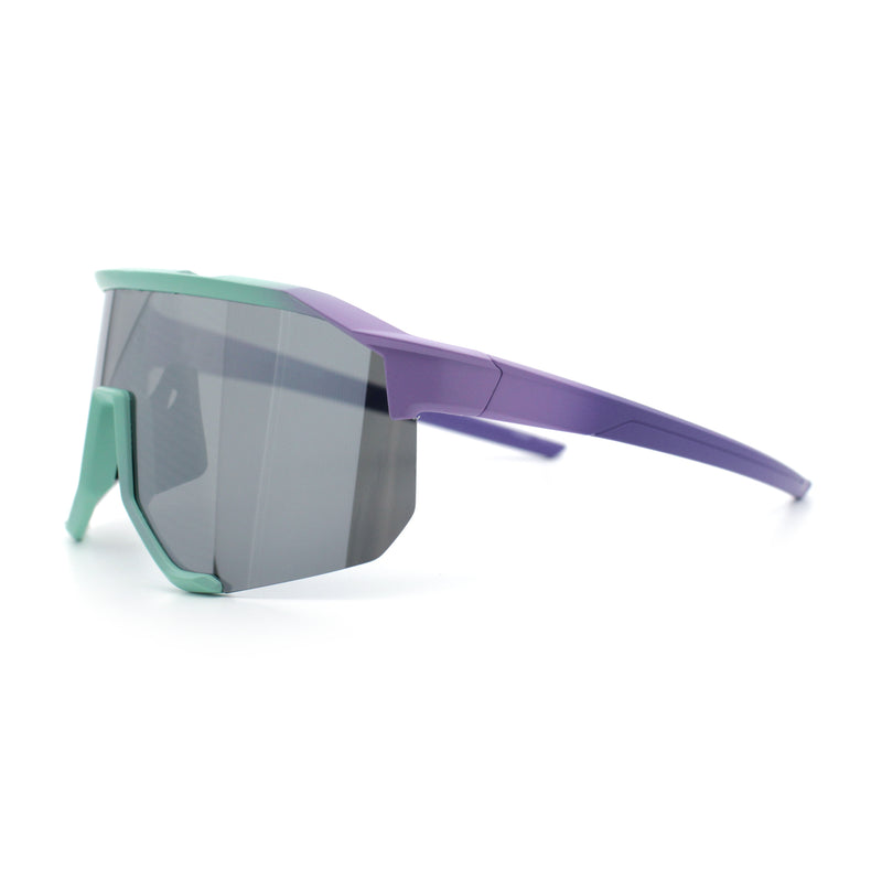 Oversized Geometric Bevel Cut Mono Shield Wrap Half Rim Sport Sunglasses