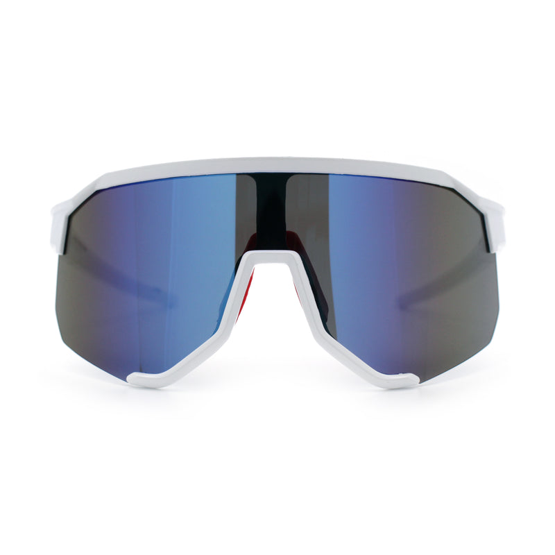 Oversized Geometric Bevel Cut Mono Shield Wrap Half Rim Sport Sunglasses