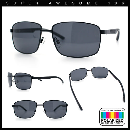 Polarized Mens Rectangular Metal Rim Gentlemanly Wrap Curved Sunglasses