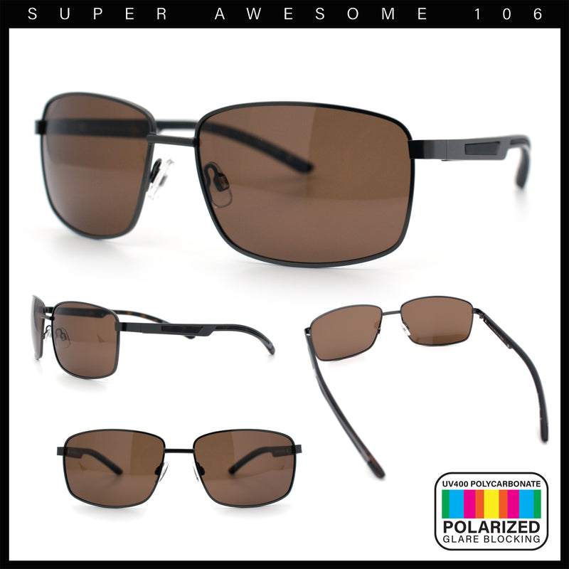 Polarized Mens Rectangular Metal Rim Gentlemanly Wrap Curved Sunglasses