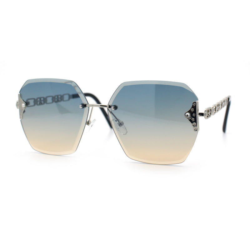 Womens Rhinestone Jewel Chain Arm Rimless Oversize Butterfly Rectangle Sunglasses