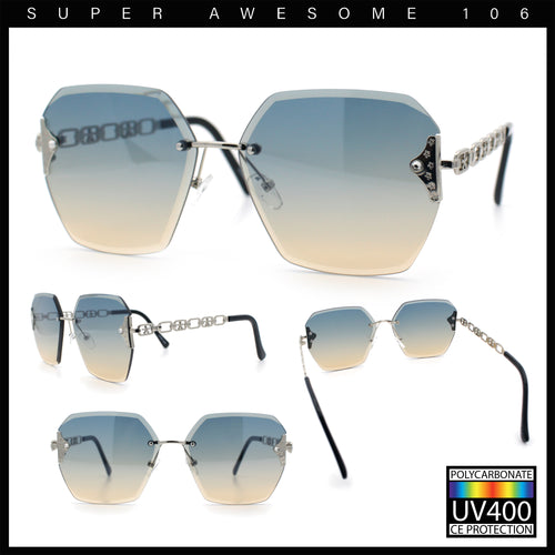 Womens Rhinestone Jewel Chain Arm Rimless Oversize Butterfly Rectangle Sunglasses