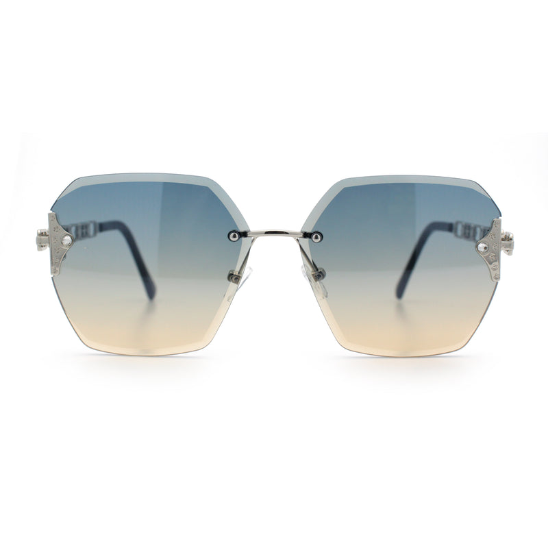 Womens Rhinestone Jewel Chain Arm Rimless Oversize Butterfly Rectangle Sunglasses