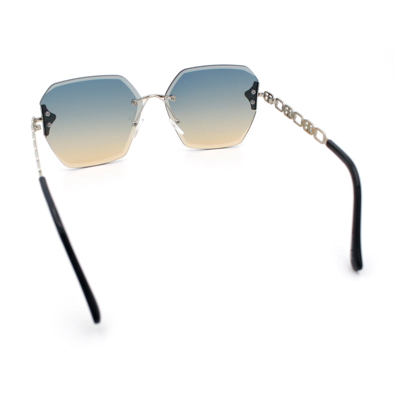 Womens Rhinestone Jewel Chain Arm Rimless Oversize Butterfly Rectangle Sunglasses