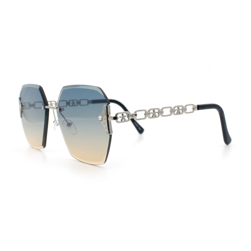 Womens Rhinestone Jewel Chain Arm Rimless Oversize Butterfly Rectangle Sunglasses