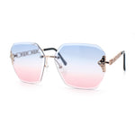 Womens Rhinestone Jewel Chain Arm Rimless Oversize Butterfly Rectangle Sunglasses