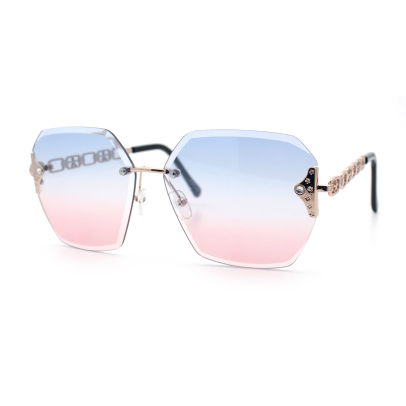 Womens Rhinestone Jewel Chain Arm Rimless Oversize Butterfly Rectangle Sunglasses