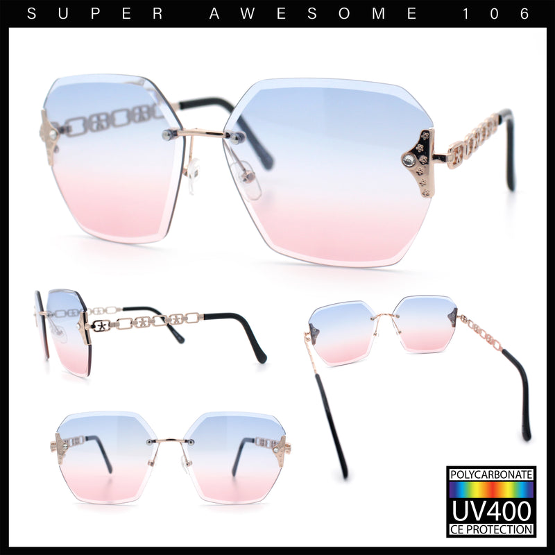 Womens Rhinestone Jewel Chain Arm Rimless Oversize Butterfly Rectangle Sunglasses