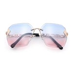 Womens Rhinestone Jewel Chain Arm Rimless Oversize Butterfly Rectangle Sunglasses