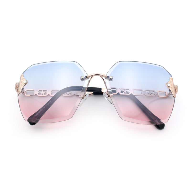 Womens Rhinestone Jewel Chain Arm Rimless Oversize Butterfly Rectangle Sunglasses