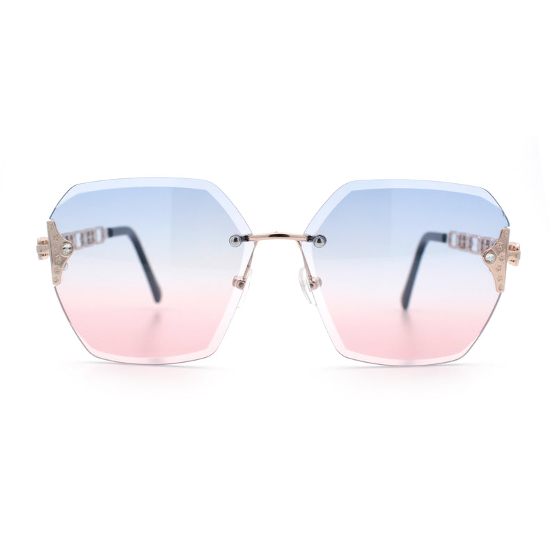 Womens Rhinestone Jewel Chain Arm Rimless Oversize Butterfly Rectangle Sunglasses
