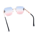 Womens Rhinestone Jewel Chain Arm Rimless Oversize Butterfly Rectangle Sunglasses