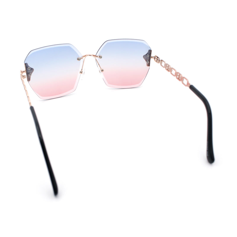 Womens Rhinestone Jewel Chain Arm Rimless Oversize Butterfly Rectangle Sunglasses