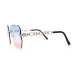 Womens Rhinestone Jewel Chain Arm Rimless Oversize Butterfly Rectangle Sunglasses