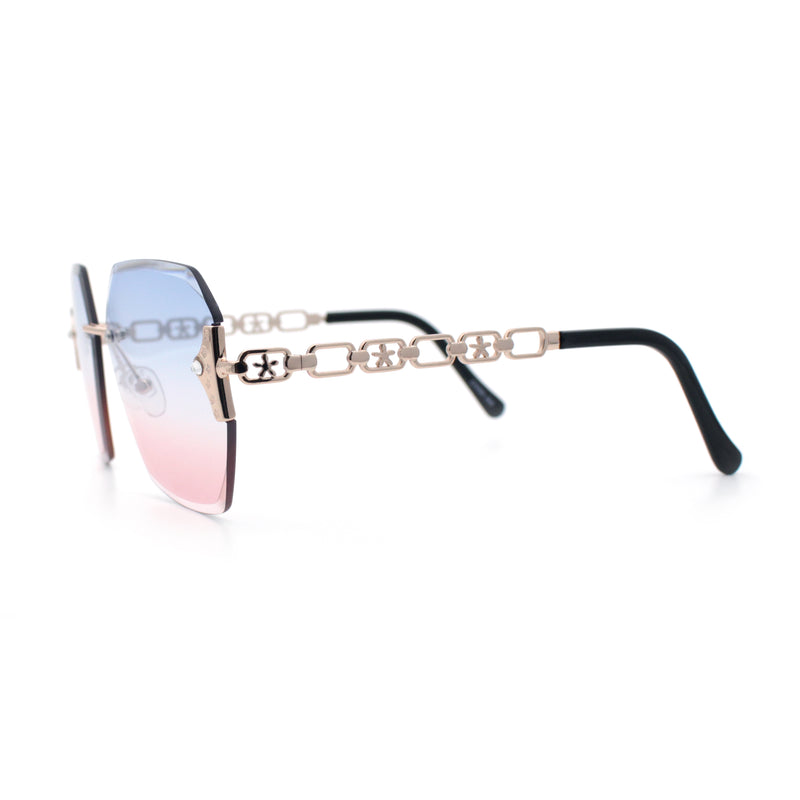 Womens Rhinestone Jewel Chain Arm Rimless Oversize Butterfly Rectangle Sunglasses