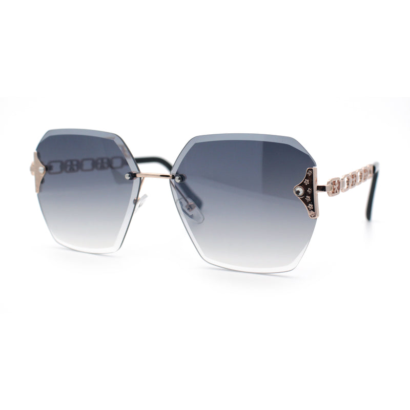 Womens Rhinestone Jewel Chain Arm Rimless Oversize Butterfly Rectangle Sunglasses