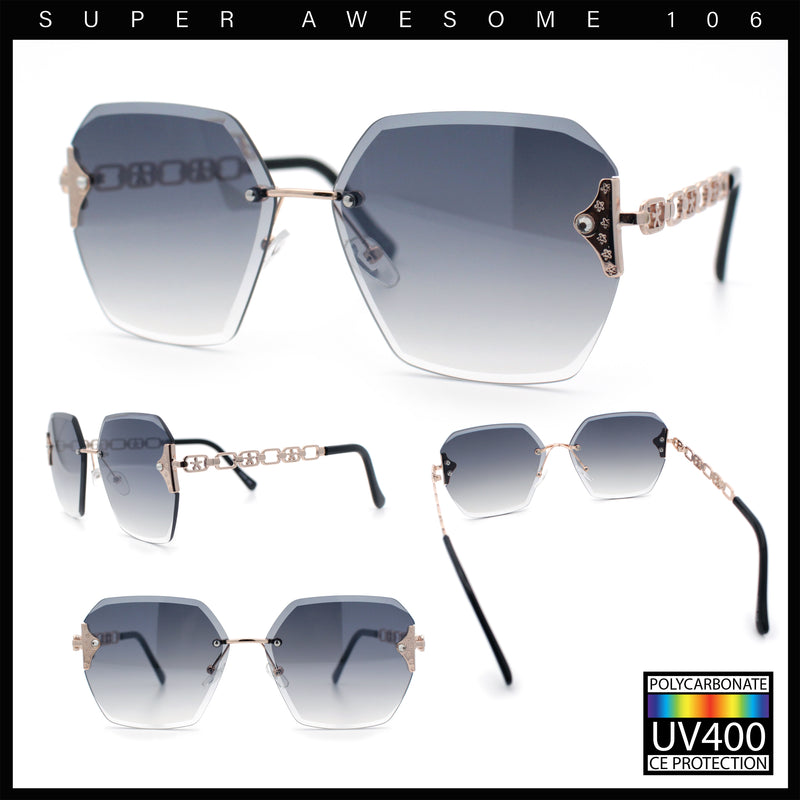 Womens Rhinestone Jewel Chain Arm Rimless Oversize Butterfly Rectangle Sunglasses