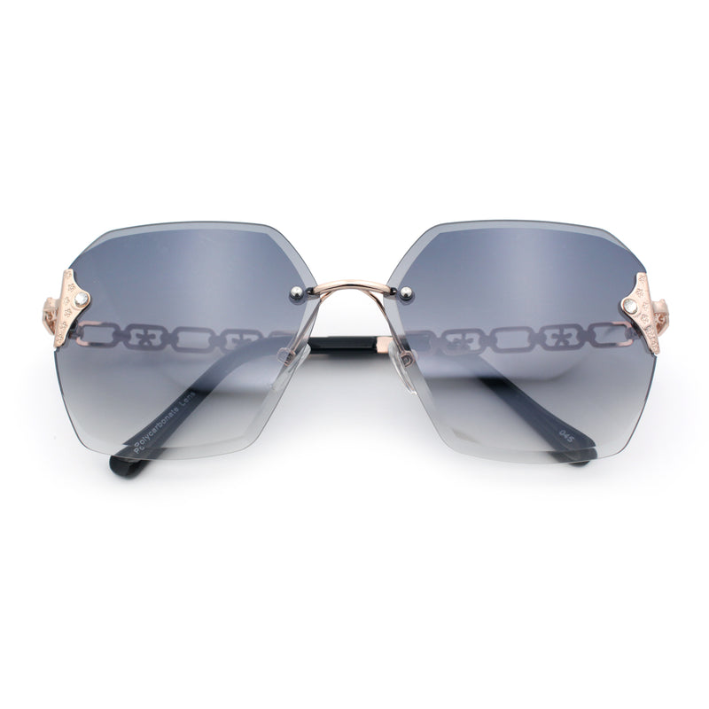 Womens Rhinestone Jewel Chain Arm Rimless Oversize Butterfly Rectangle Sunglasses