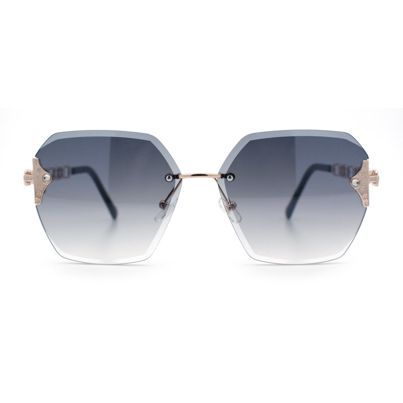 Womens Rhinestone Jewel Chain Arm Rimless Oversize Butterfly Rectangle Sunglasses