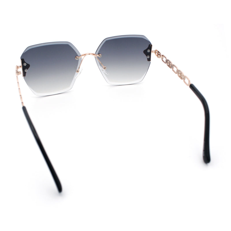 Womens Rhinestone Jewel Chain Arm Rimless Oversize Butterfly Rectangle Sunglasses