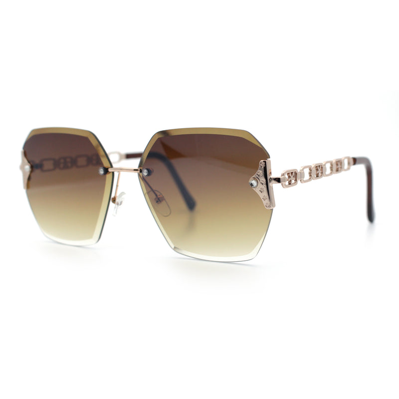 Womens Rhinestone Jewel Chain Arm Rimless Oversize Butterfly Rectangle Sunglasses