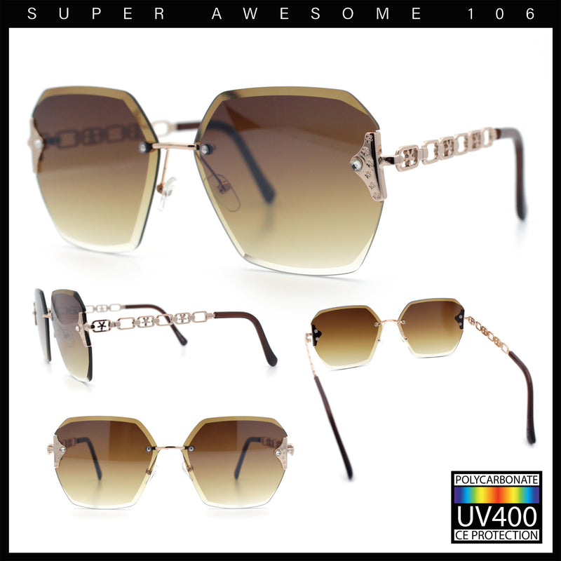 Womens Rhinestone Jewel Chain Arm Rimless Oversize Butterfly Rectangle Sunglasses