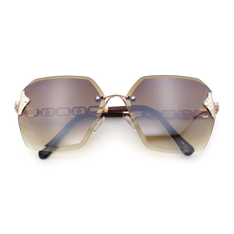 Womens Rhinestone Jewel Chain Arm Rimless Oversize Butterfly Rectangle Sunglasses