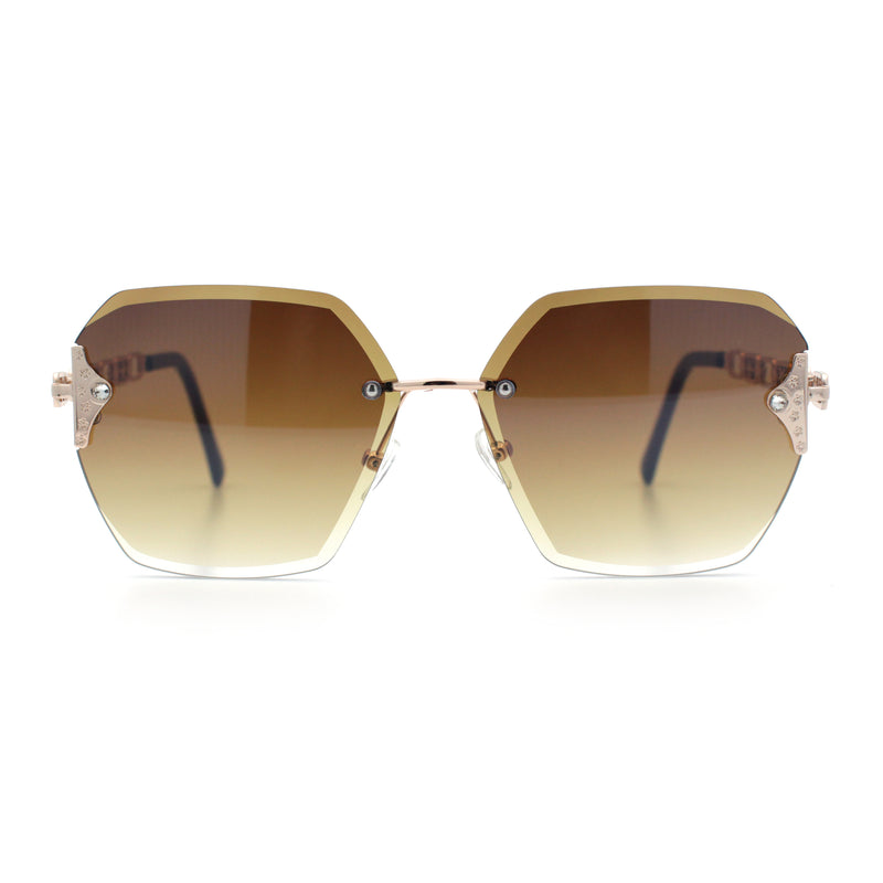 Womens Rhinestone Jewel Chain Arm Rimless Oversize Butterfly Rectangle Sunglasses