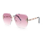 Womens Rhinestone Jewel Chain Arm Rimless Oversize Butterfly Rectangle Sunglasses