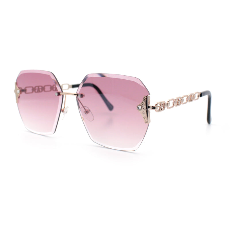 Womens Rhinestone Jewel Chain Arm Rimless Oversize Butterfly Rectangle Sunglasses