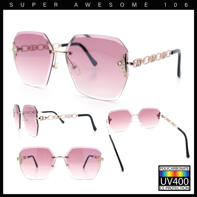 Womens Rhinestone Jewel Chain Arm Rimless Oversize Butterfly Rectangle Sunglasses