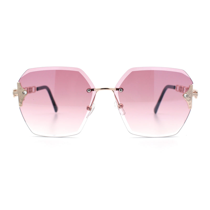 Womens Rhinestone Jewel Chain Arm Rimless Oversize Butterfly Rectangle Sunglasses