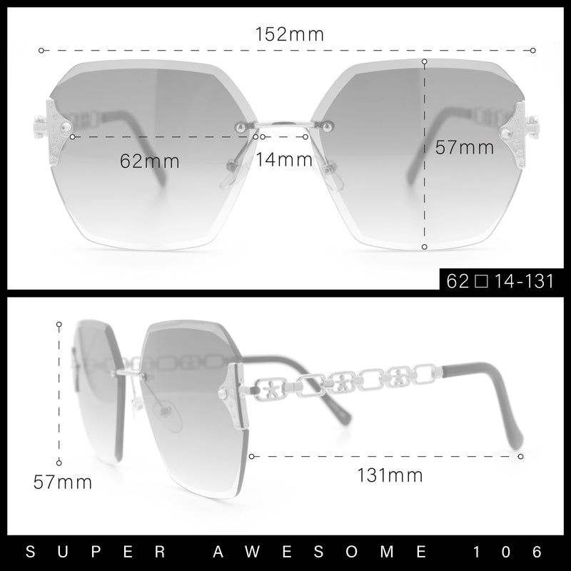Womens Rhinestone Jewel Chain Arm Rimless Oversize Butterfly Rectangle Sunglasses