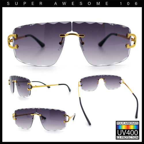 Large Luxury Petal Bevel Rimless Curved Top Gangster Shade Sunglasses