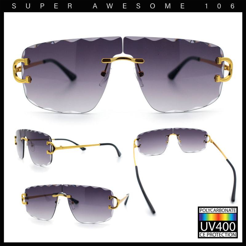 Large Luxury Petal Bevel Rimless Curved Top Gangster Shade Sunglasses
